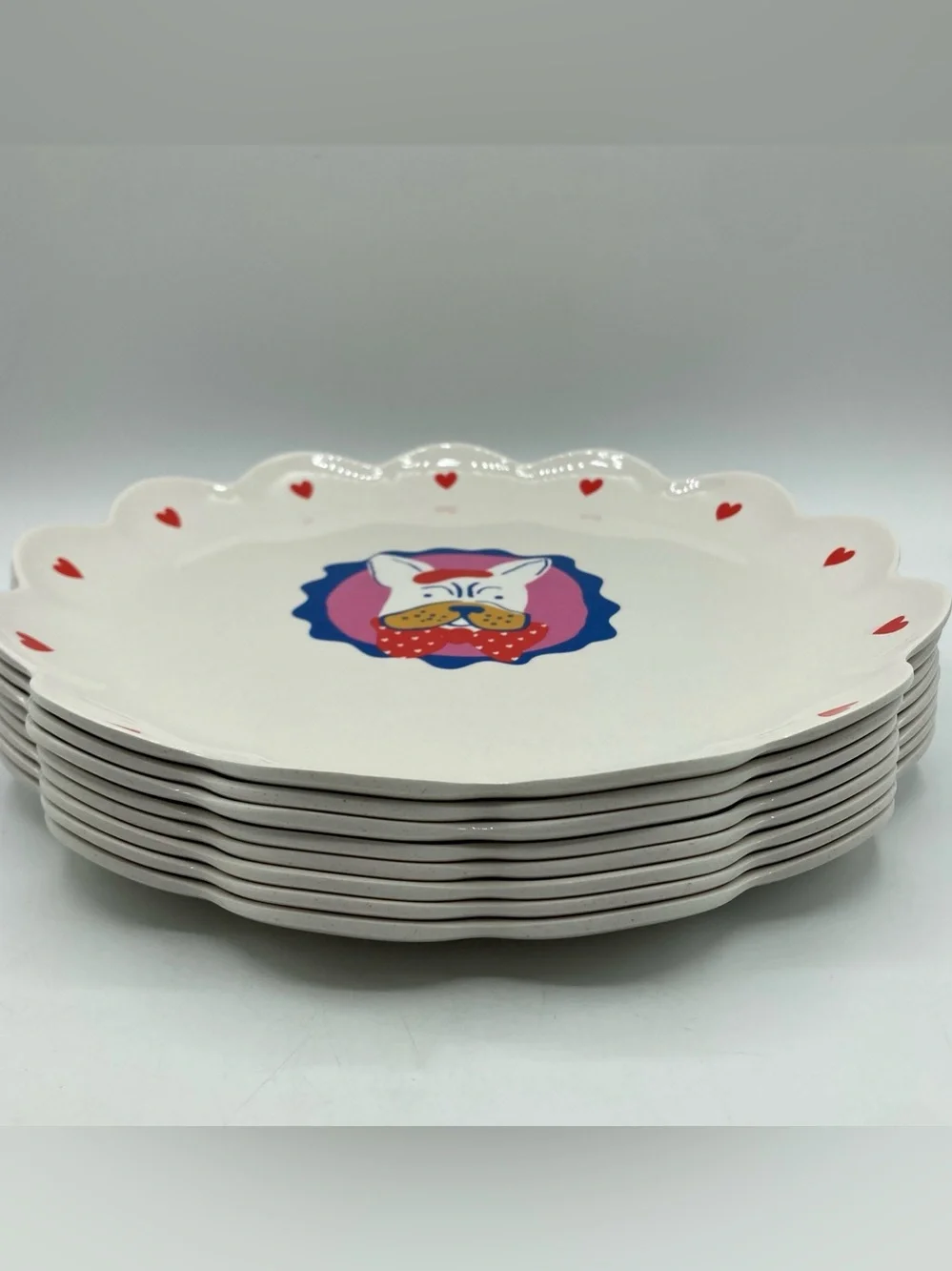 8 Set Target Pillowfort 10.5” Scalloped Melamine Dinner Plates Frenchie Dog